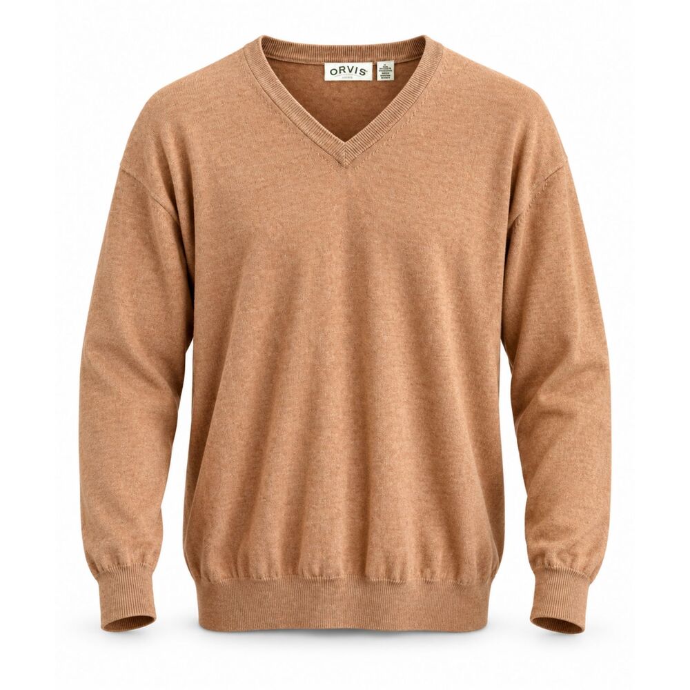 Orvis Cotton Cashmere V-Neck Sweater Pullover Men’s XL Tan Brown Preppy